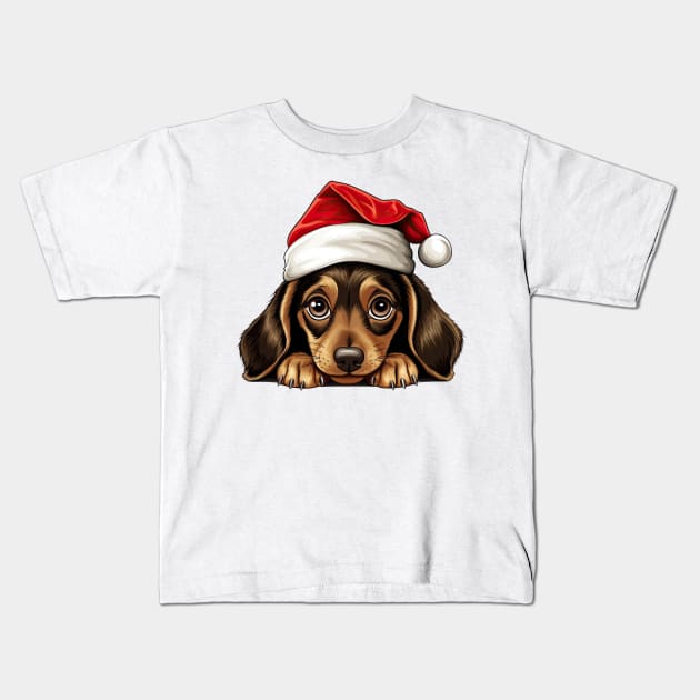 Christmas Peeking Dachshund Dog Kids T-Shirt by Chromatic Fusion Studio